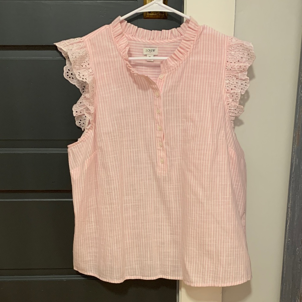 J. Crew Pink Striped Ruffle Blouse